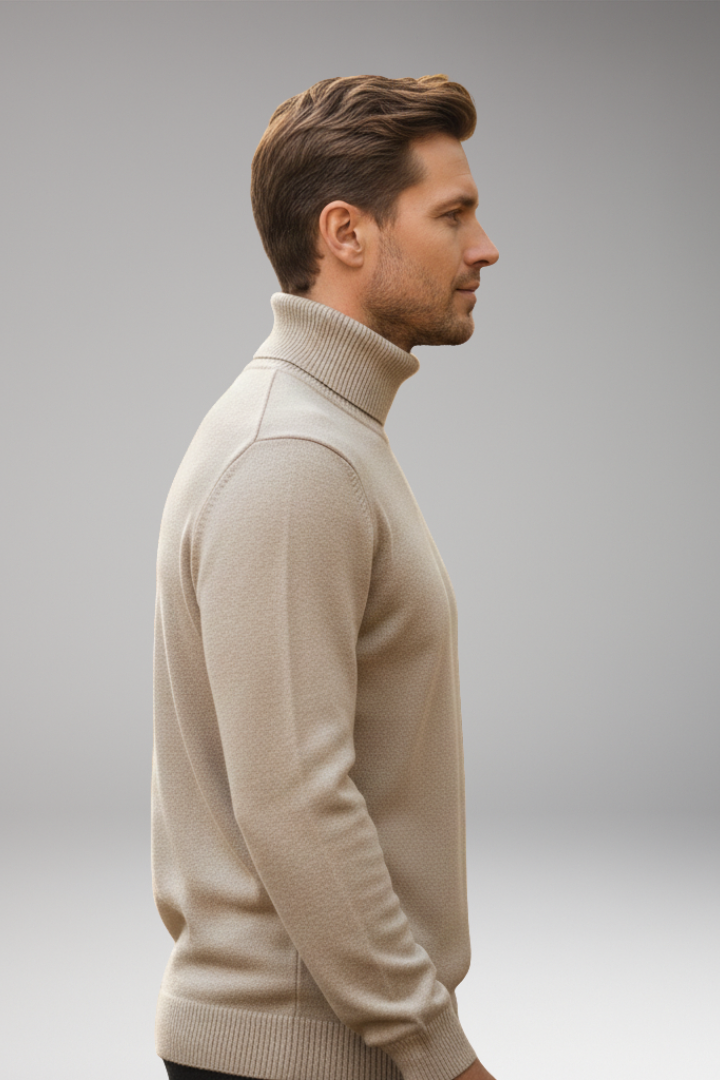 Men's Sweater with High Neck and Knitted Surface
