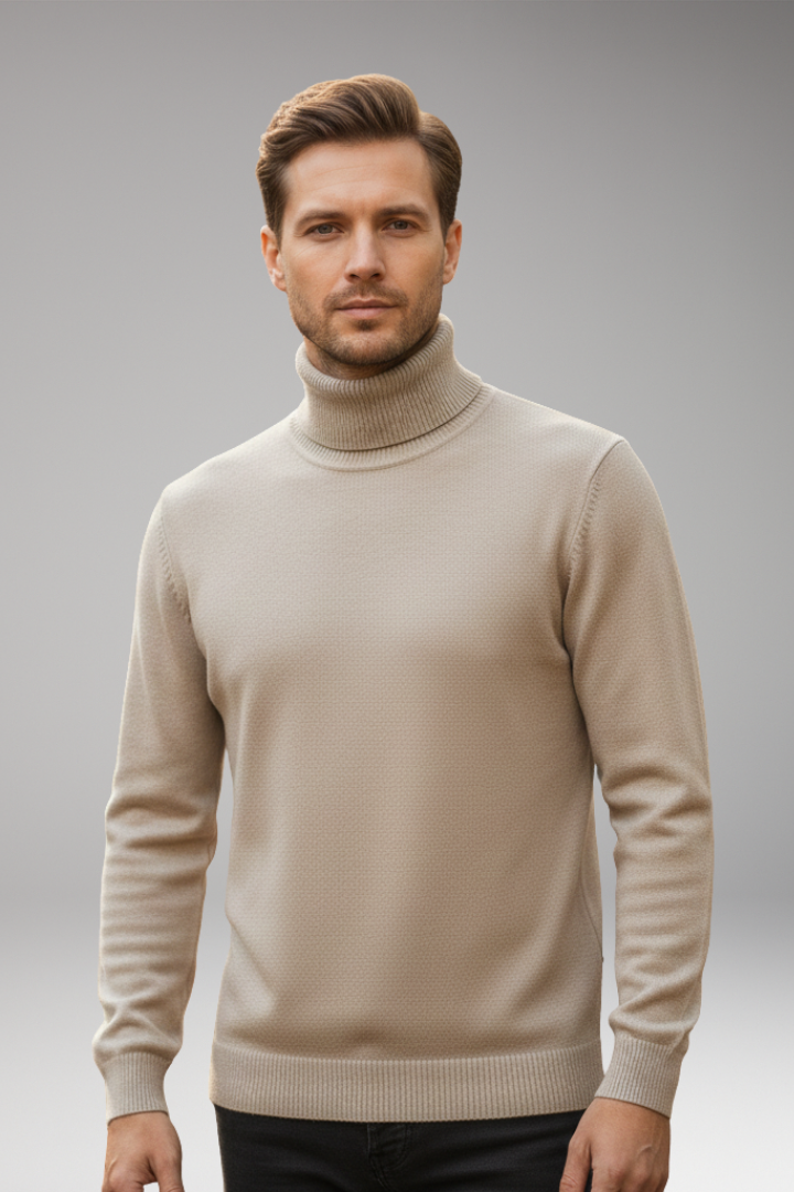 Men's Sweater with High Neck and Knitted Surface