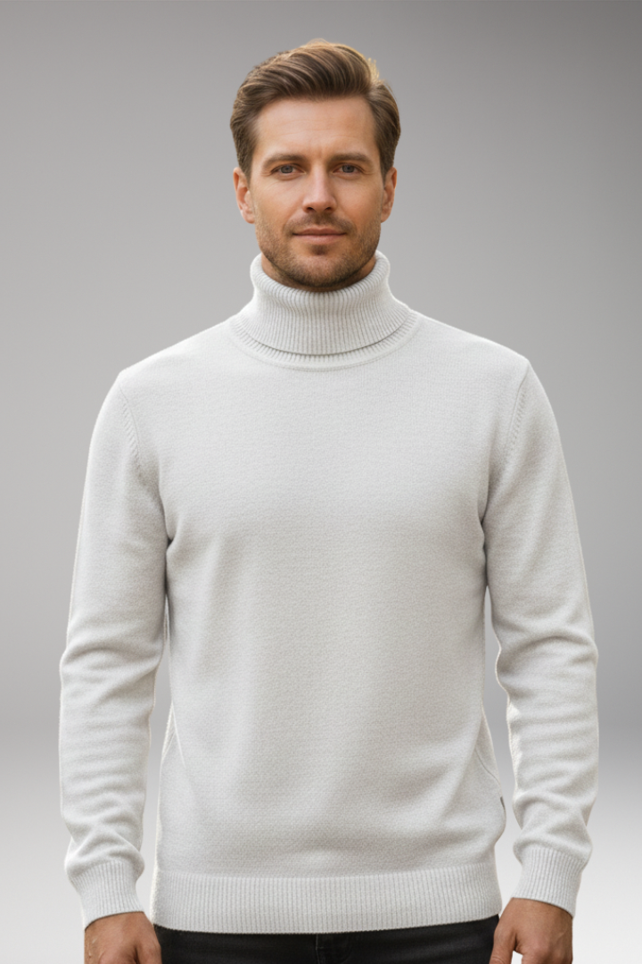 Men's Sweater with High Neck and Knitted Surface