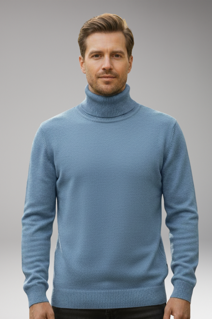 Men's Sweater with High Neck and Knitted Surface
