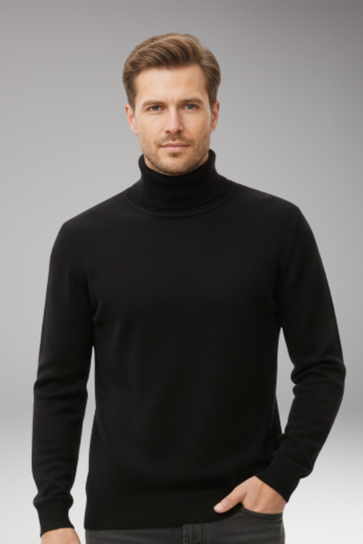 Men's Sweater with High Neck and Knitted Surface