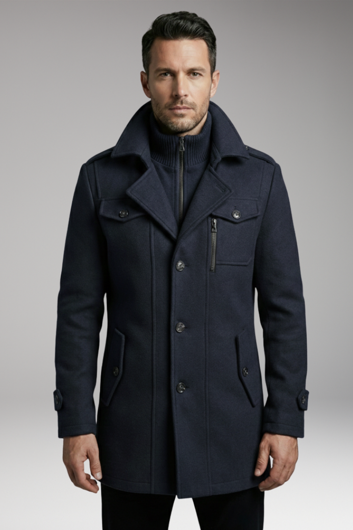 Men's Blend Overcoat with Zipper and Buttons
