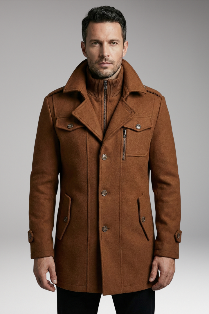 Men's Blend Overcoat with Zipper and Buttons