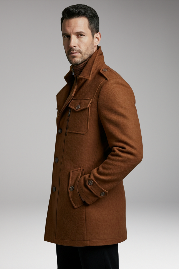 Men's Blend Overcoat with Zipper and Buttons
