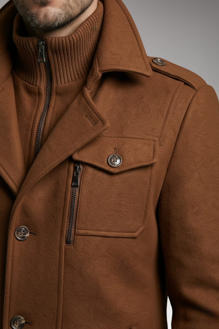 Men's Blend Overcoat with Zipper and Buttons