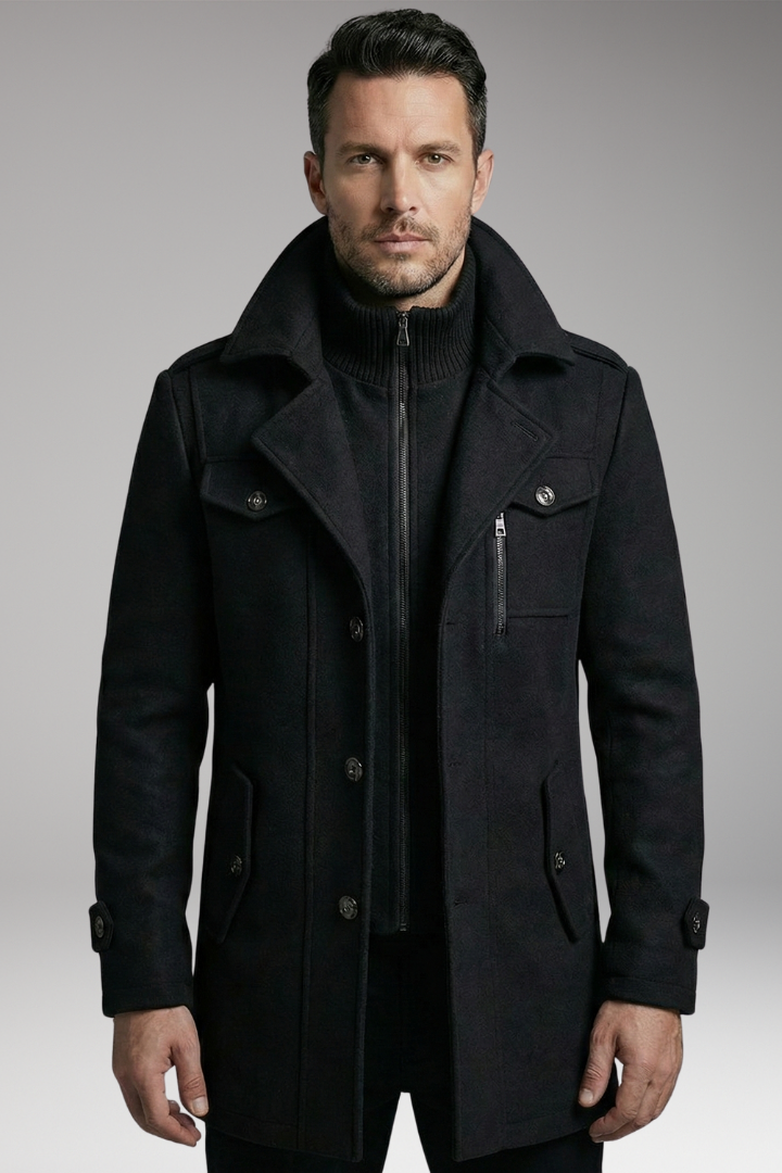 Men's Blend Overcoat with Zipper and Buttons