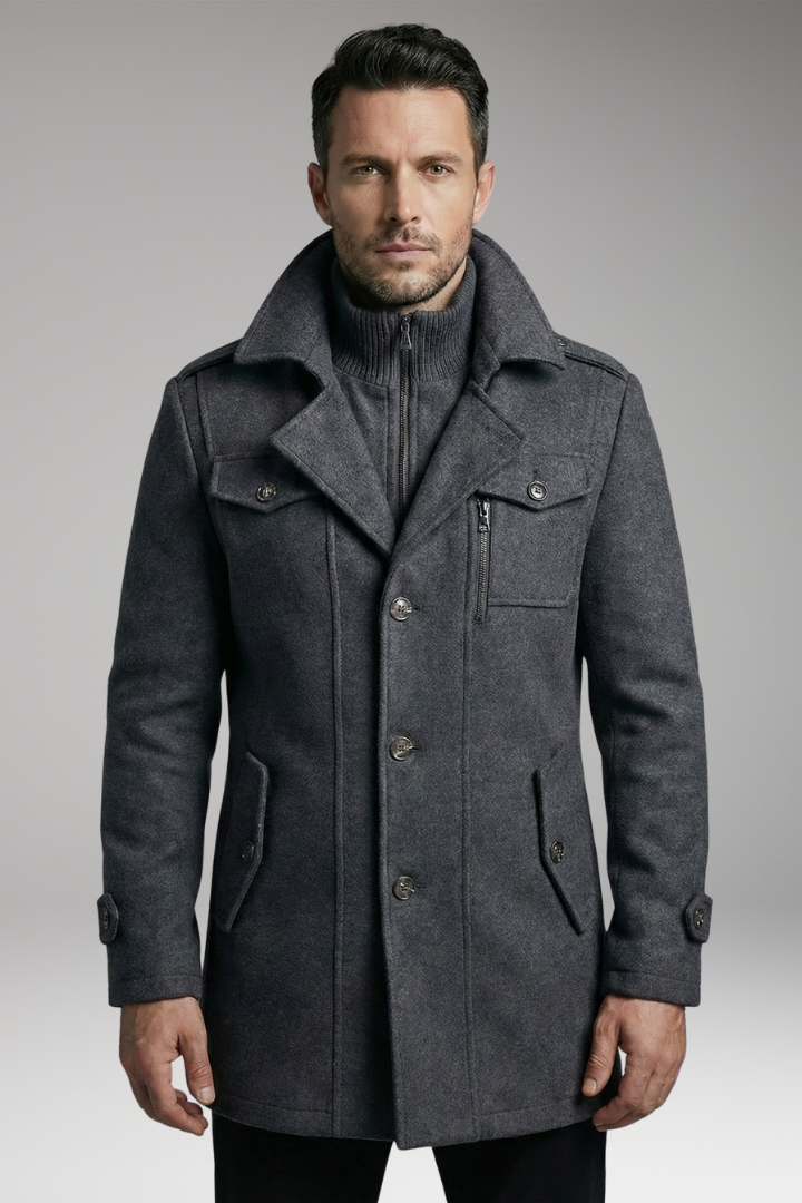 Men's Blend Overcoat with Zipper and Buttons