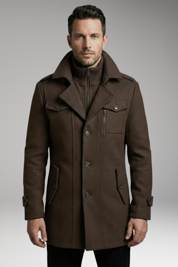 Men's Blend Overcoat with Zipper and Buttons
