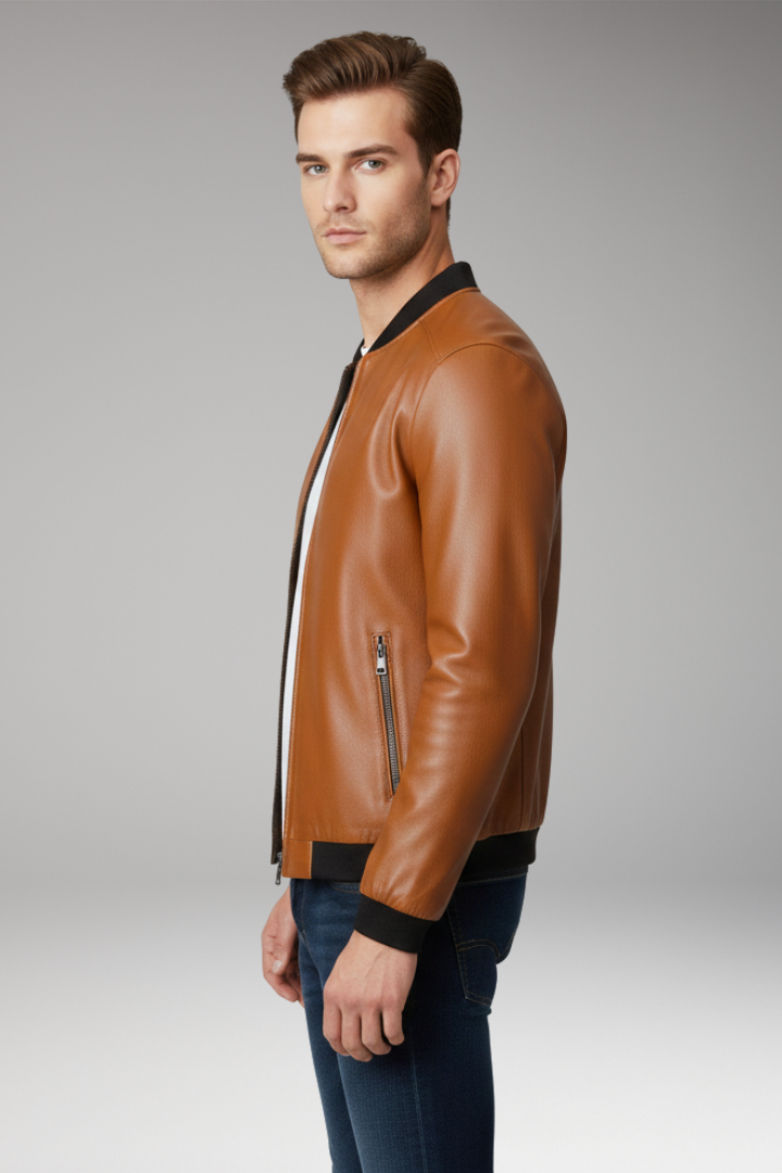Men's Bomber Jacket with Front Zipper and Contrast Trim