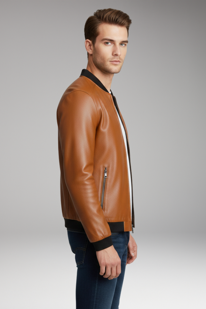 Men's Bomber Jacket with Front Zipper and Contrast Trim