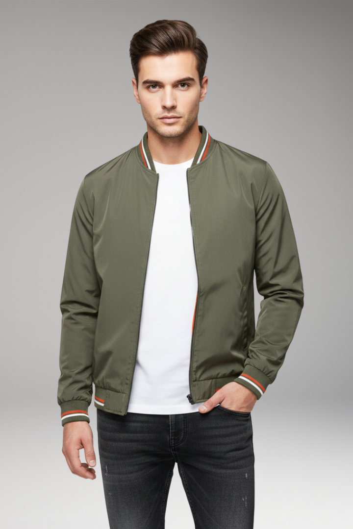 Men's Bomber Jacket with Front Zipper and Ribbed Edges