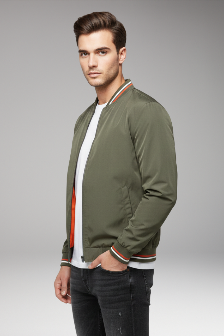 Men's Bomber Jacket with Front Zipper and Ribbed Edges