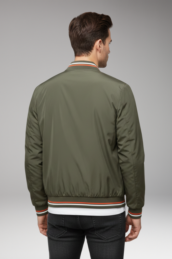 Men's Bomber Jacket with Front Zipper and Ribbed Edges