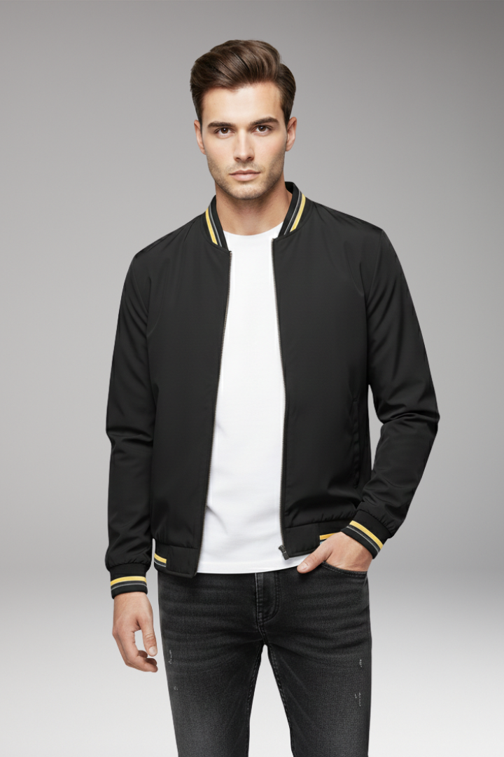 Men's Bomber Jacket with Front Zipper and Ribbed Edges