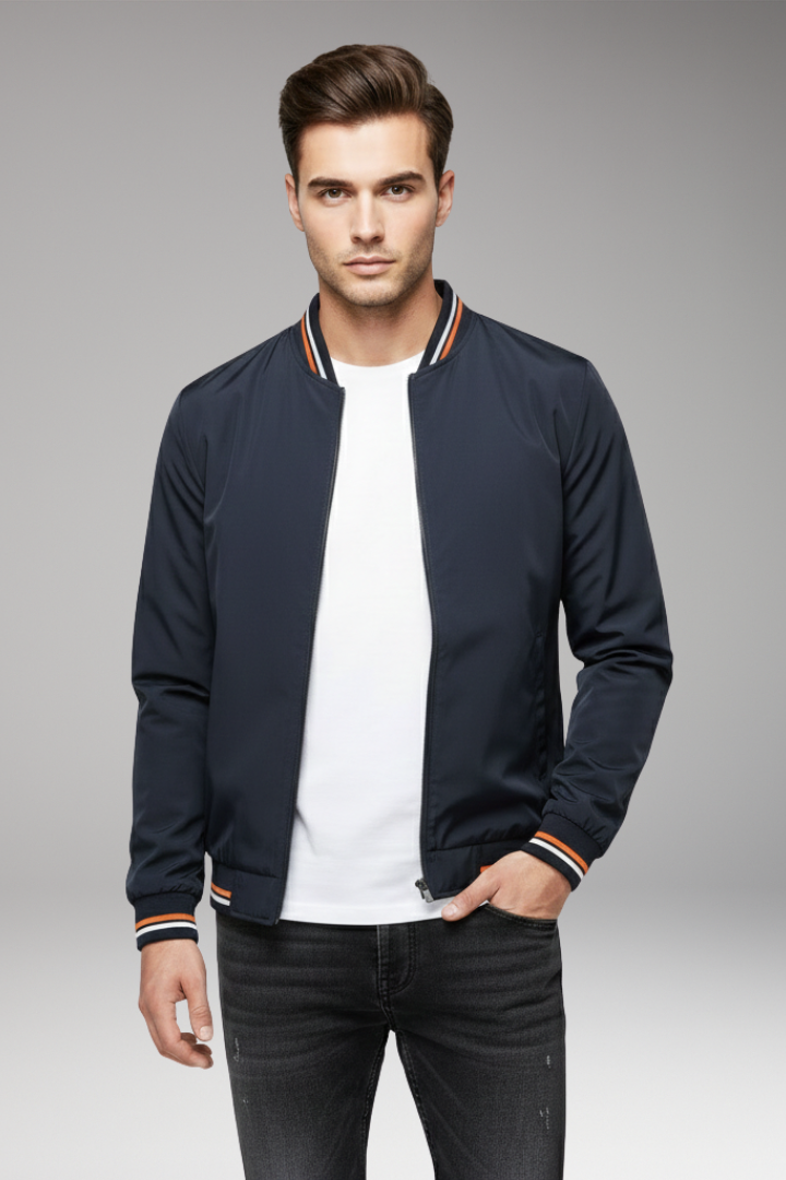 Men's Bomber Jacket with Front Zipper and Ribbed Edges