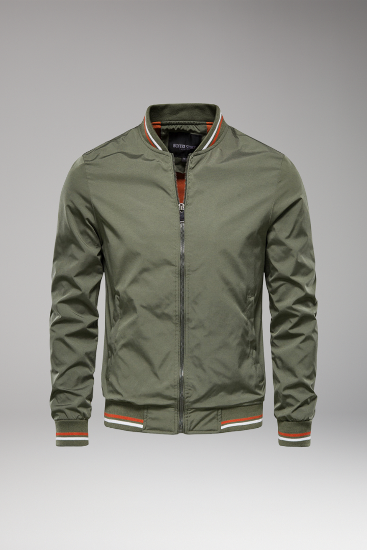 Men's Bomber Jacket with Front Zipper and Ribbed Edges