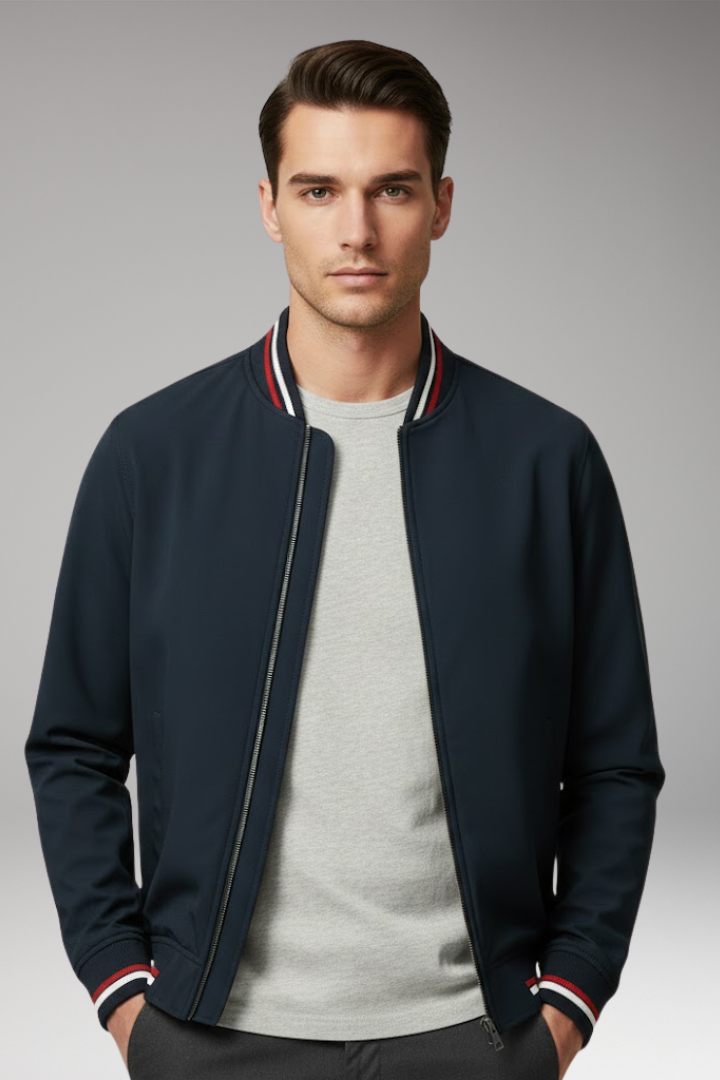 Men's Bomber Jacket with Front Zipper and Ribbed Trim