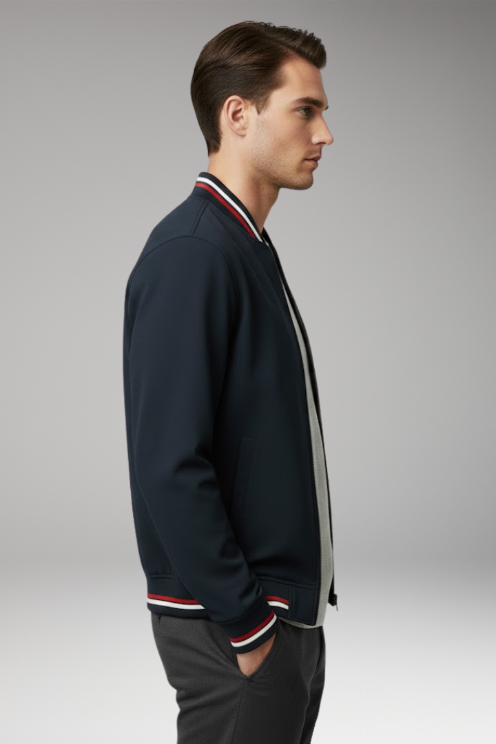Men's Bomber Jacket with Front Zipper and Ribbed Trim
