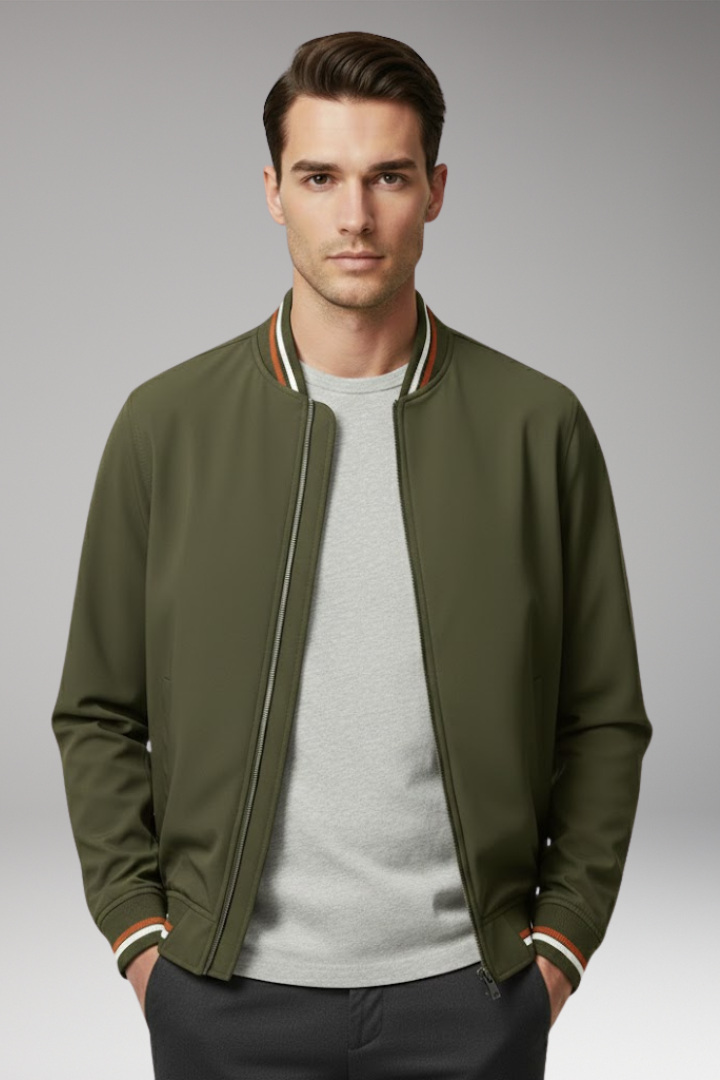 Men's Bomber Jacket with Front Zipper and Ribbed Trim