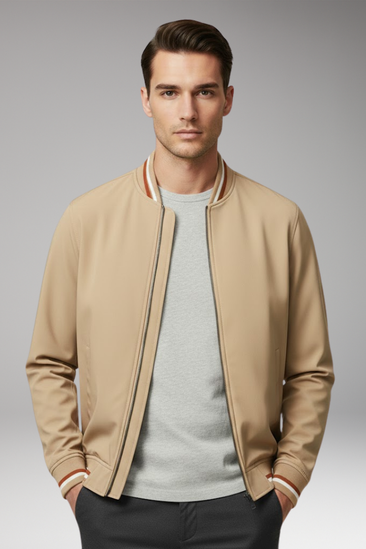Men's Bomber Jacket with Front Zipper and Ribbed Trim