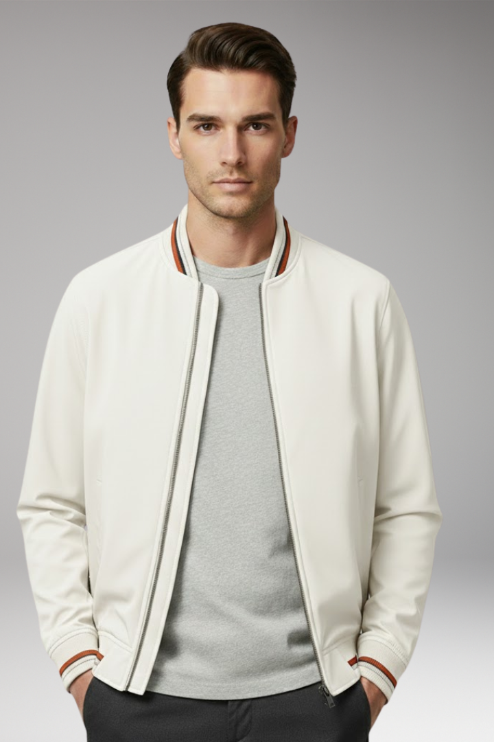 Men's Bomber Jacket with Front Zipper and Ribbed Trim
