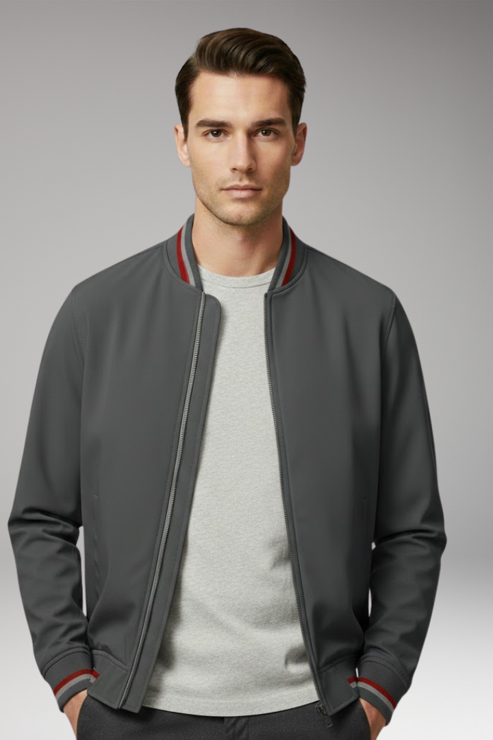 Men's Bomber Jacket with Front Zipper and Ribbed Trim