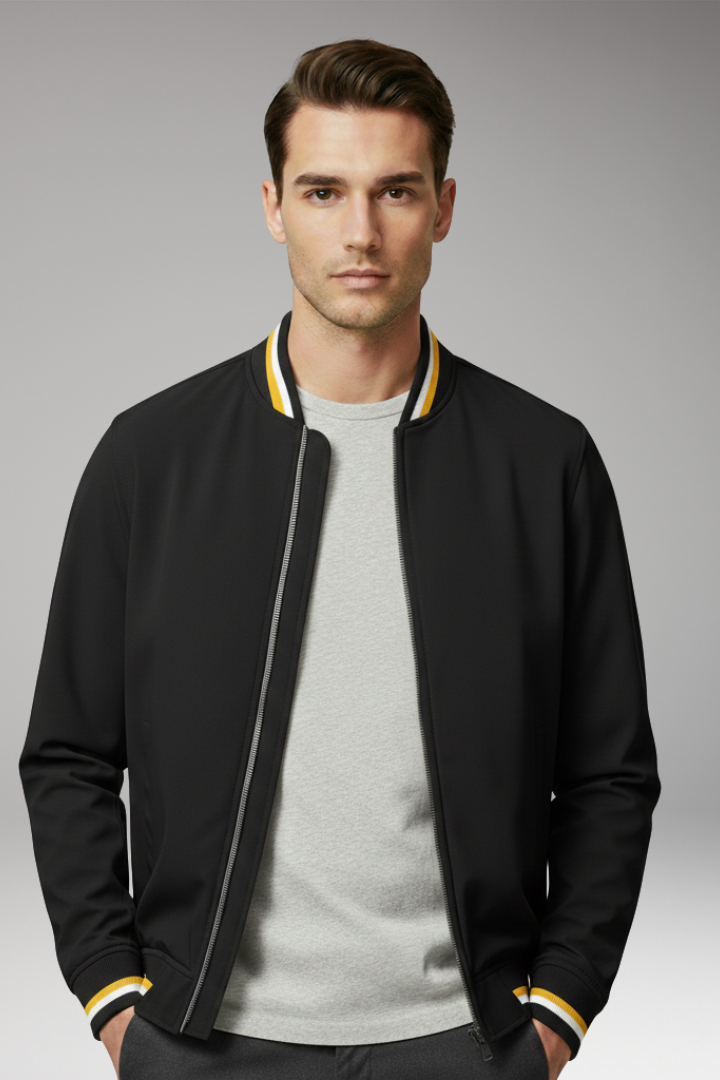 Men's Bomber Jacket with Front Zipper and Ribbed Trim