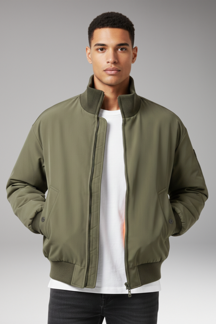 Men's Bomber Jacket with High Collar and Side Pockets