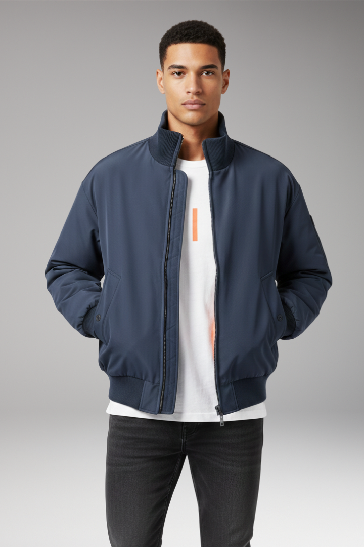 Men's Bomber Jacket with High Collar and Side Pockets