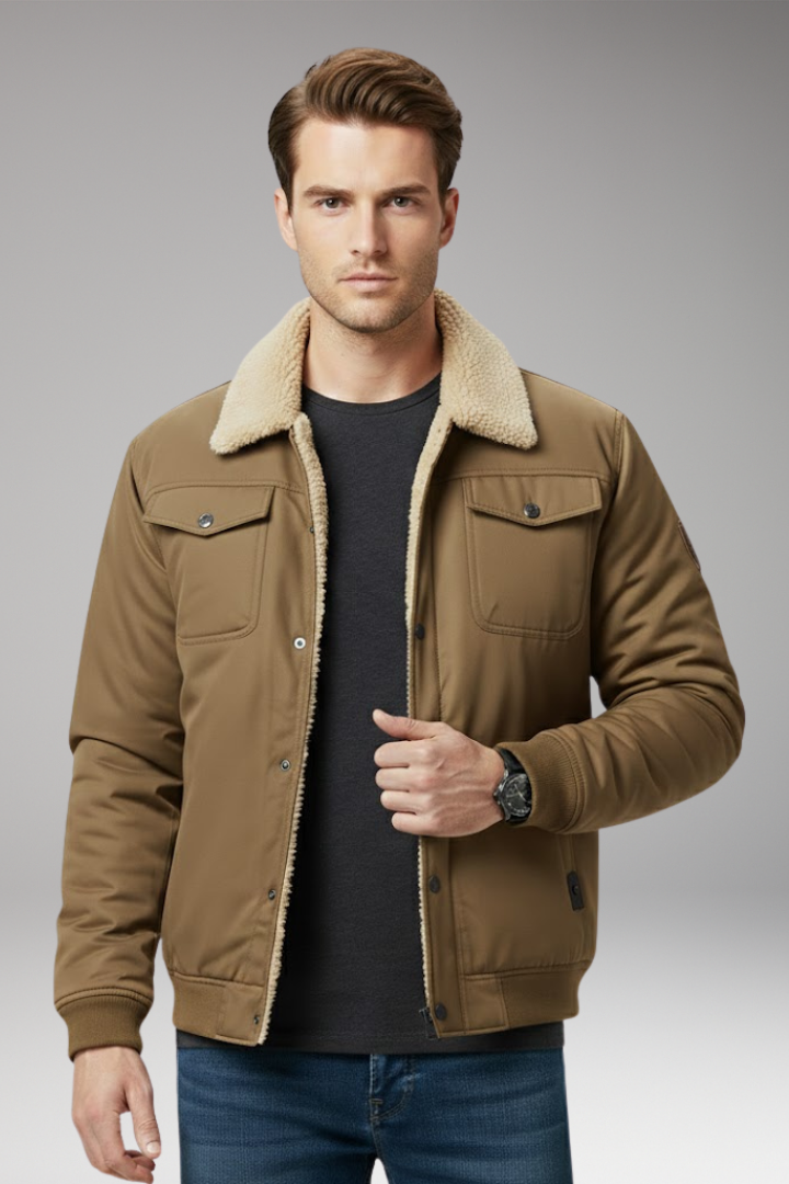 Men's Bomber Jacket with Ribbed Cuffs and Pockets
