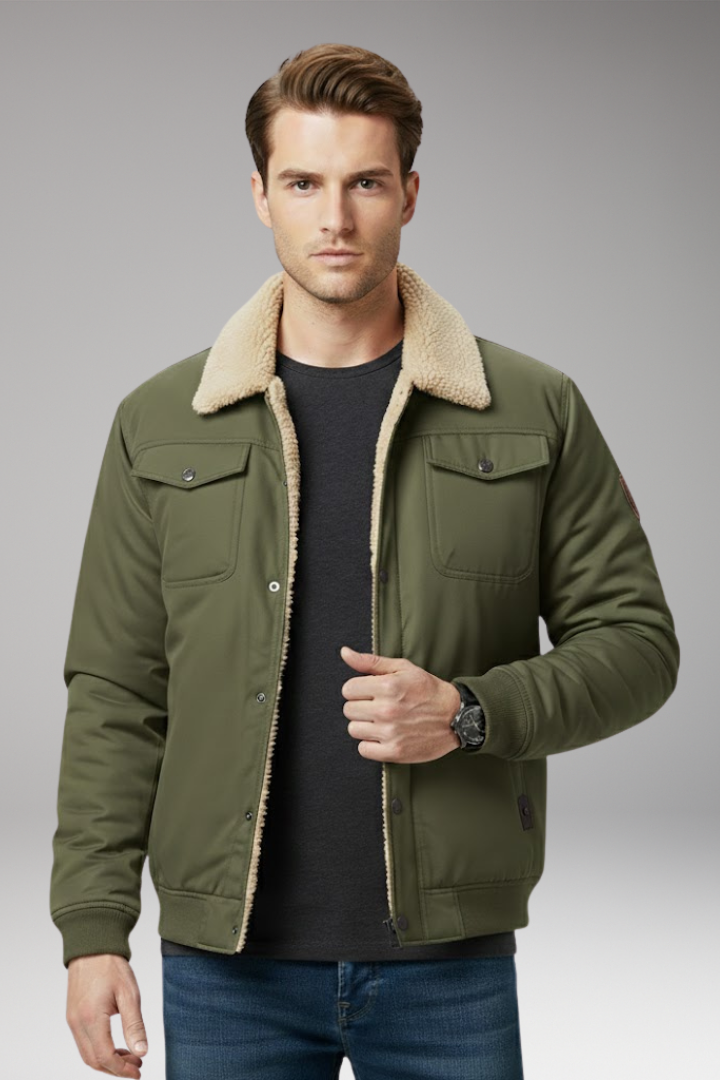 Men's Bomber Jacket with Ribbed Cuffs and Pockets