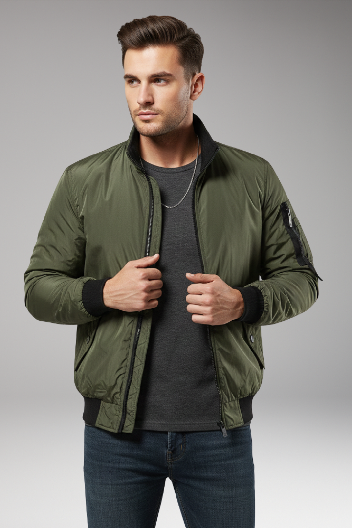 Men's Bomber Jacket with Zipper Closure and Ribbed Edges