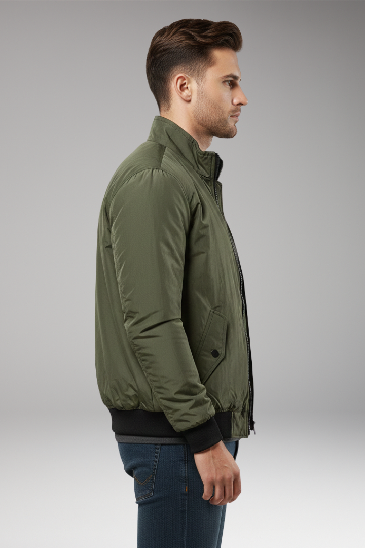 Men's Bomber Jacket with Zipper Closure and Ribbed Edges