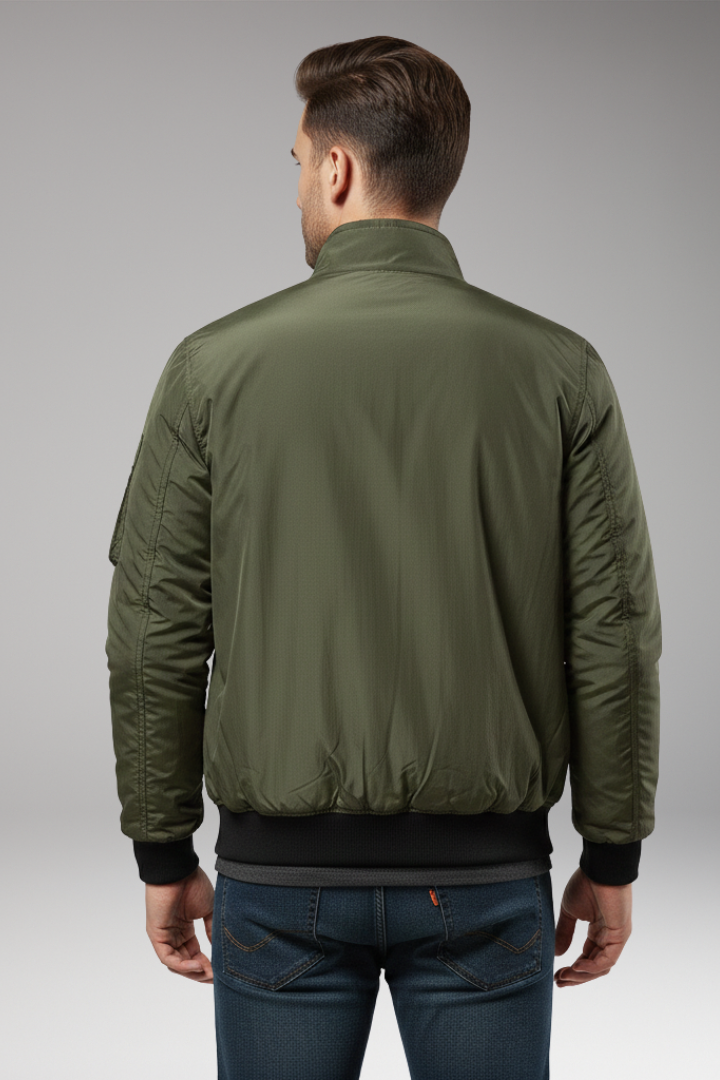 Men's Bomber Jacket with Zipper Closure and Ribbed Edges