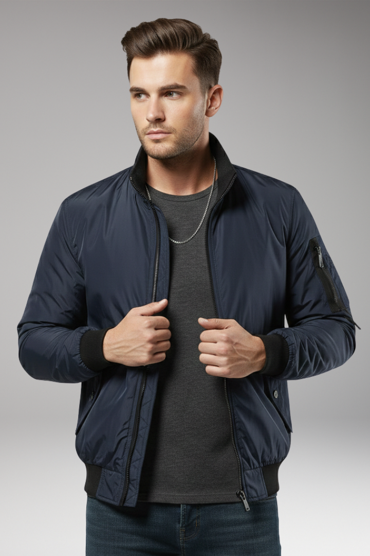 Men's Bomber Jacket with Zipper Closure and Ribbed Edges
