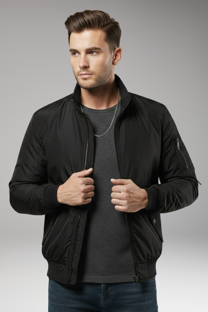 Men's Bomber Jacket with Zipper Closure and Ribbed Edges