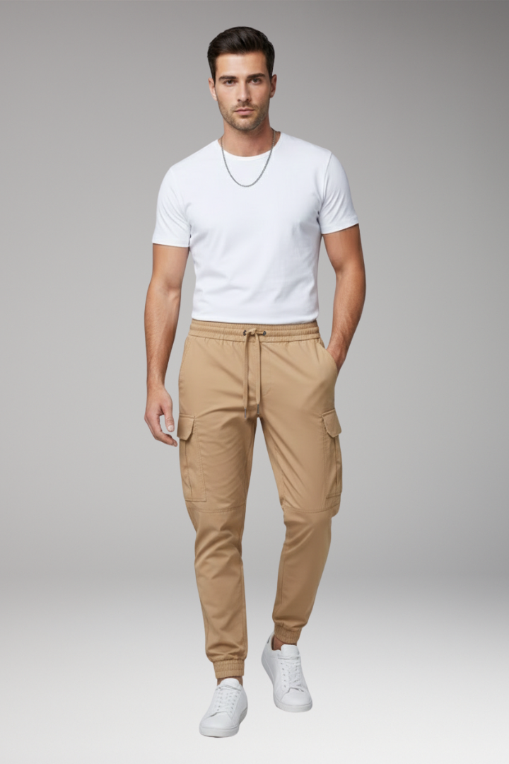 Men's Cargo Jogger Pants with Drawstring and Elasticated Hems