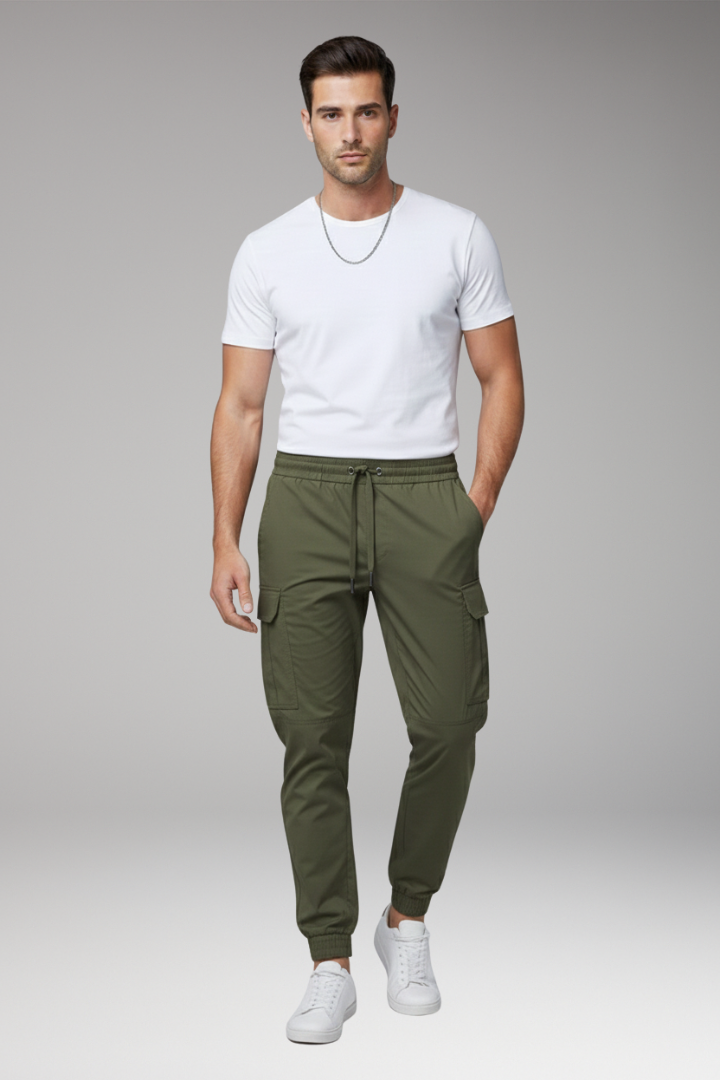 Men's Cargo Jogger Pants with Drawstring and Elasticated Hems