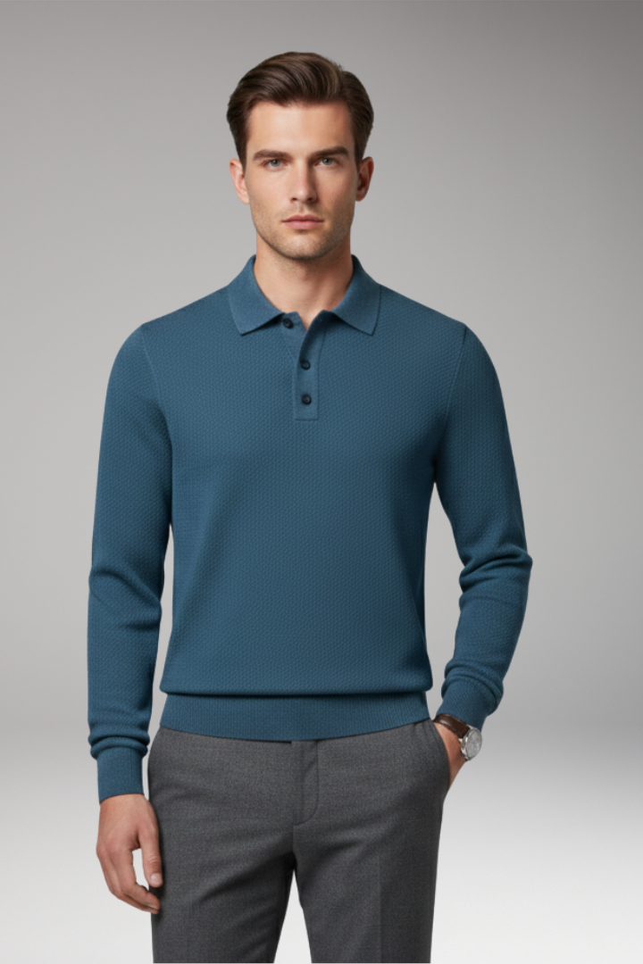 Men's Polo Shirt with Buttoned Collar and Long Sleeves