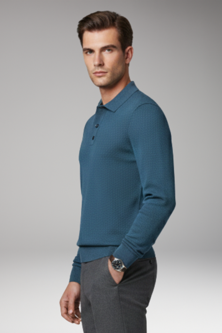 Men's Polo Shirt with Buttoned Collar and Long Sleeves