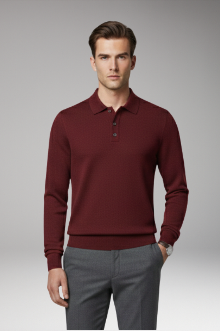 Men's Polo Shirt with Buttoned Collar and Long Sleeves
