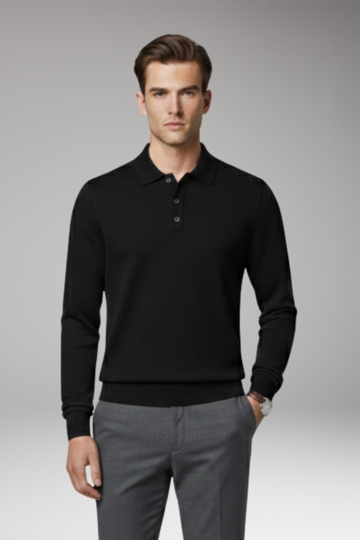 Men's Polo Shirt with Buttoned Collar and Long Sleeves