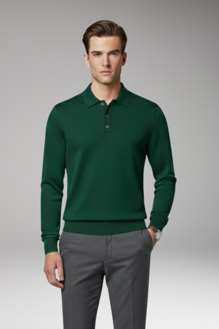 Men's Polo Shirt with Buttoned Collar and Long Sleeves