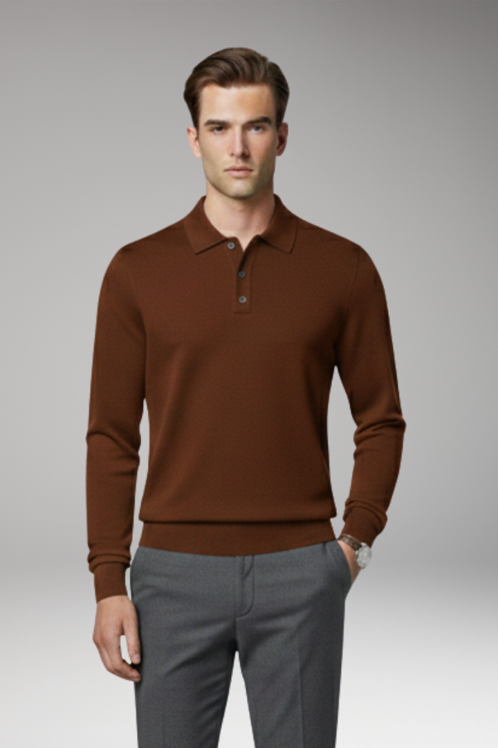 Men's Polo Shirt with Buttoned Collar and Long Sleeves