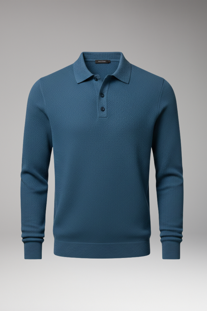 Men's Polo Shirt with Buttoned Collar and Long Sleeves