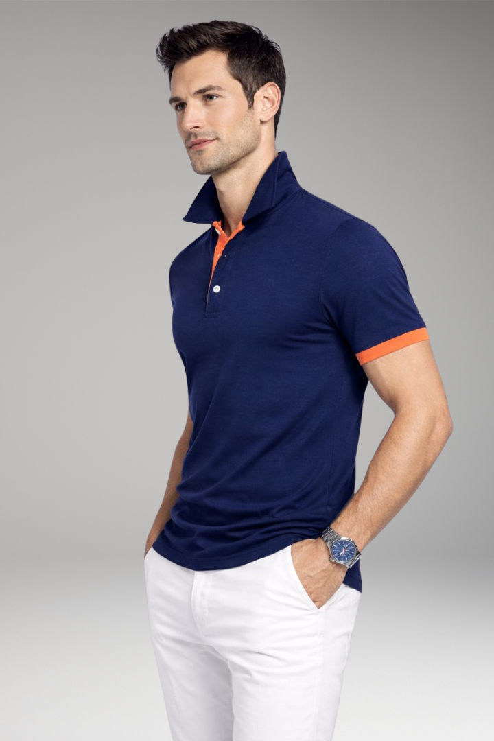 Men's Polo Shirt with Contrasting Collar and Buttoned Placket