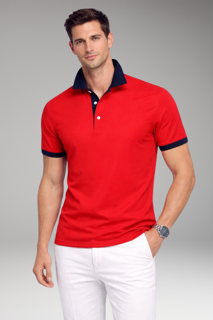 Men's Polo Shirt with Contrasting Collar and Buttoned Placket