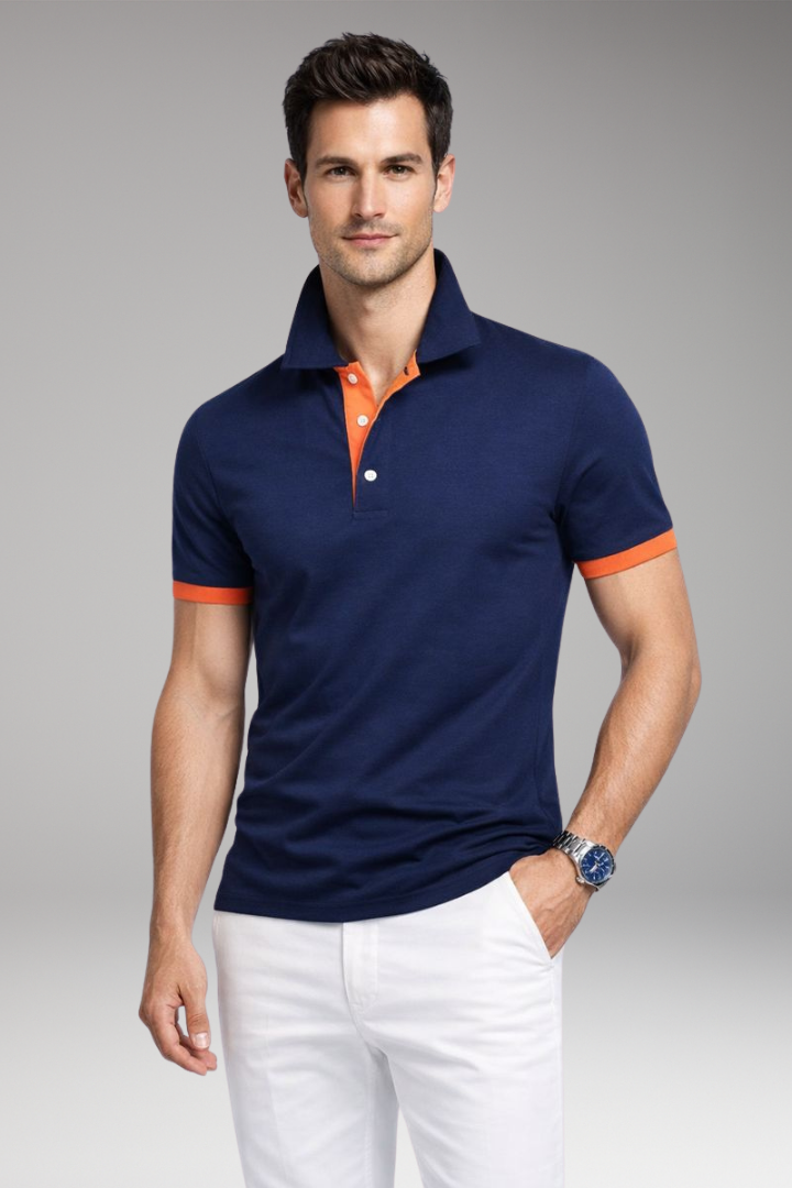 Men's Polo Shirt with Contrasting Collar and Buttoned Placket
