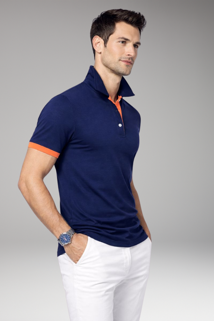 Men's Polo Shirt with Contrasting Collar and Buttoned Placket