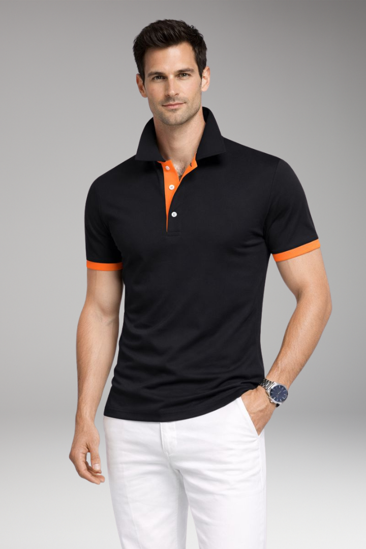Men's Polo Shirt with Contrasting Collar and Buttoned Placket